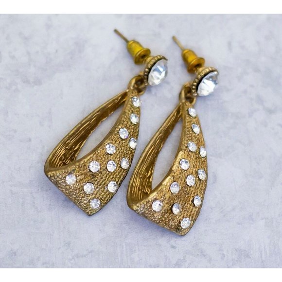 Vintage Gold Earrings, Rhinestone Earrings, Diamond Dangle Earrings - CF1 - Picture 1 of 2